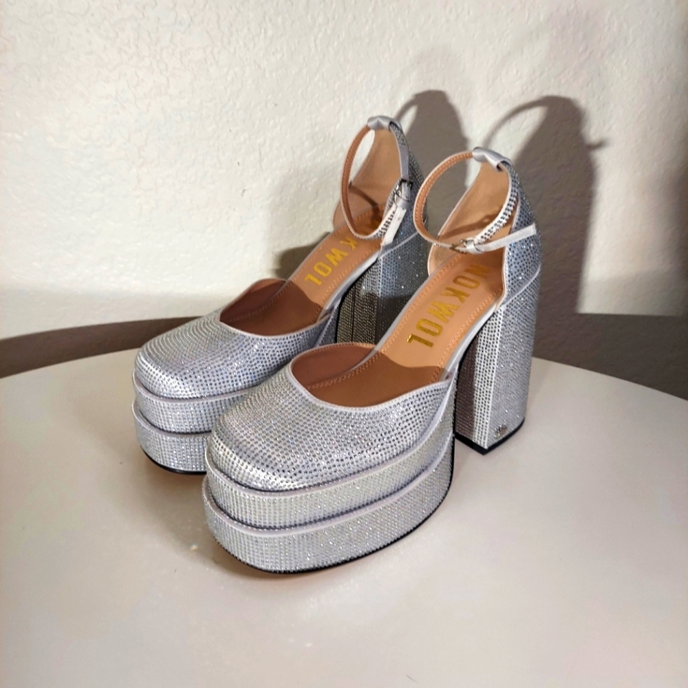 Nokwol Charlie Rhinestone Silver Double Platform Ankle Strap Heels